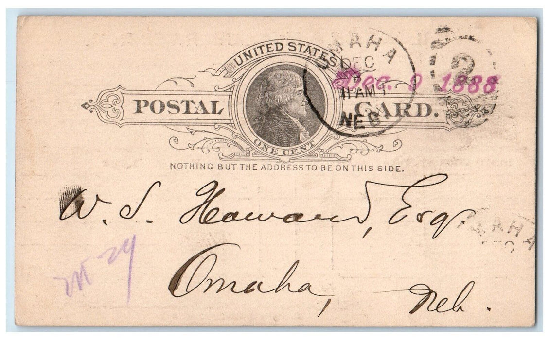 1888 Burlington & Missouri River Railroad Omaha Nebraska NE Postal Card