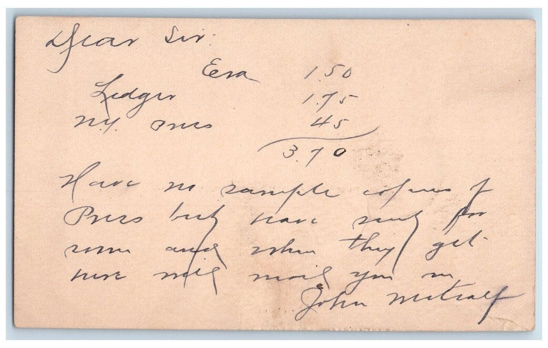 c1880's Mr. NJ Goodrich Benson Vermont VT Fairhaven VT Antique Postal Card