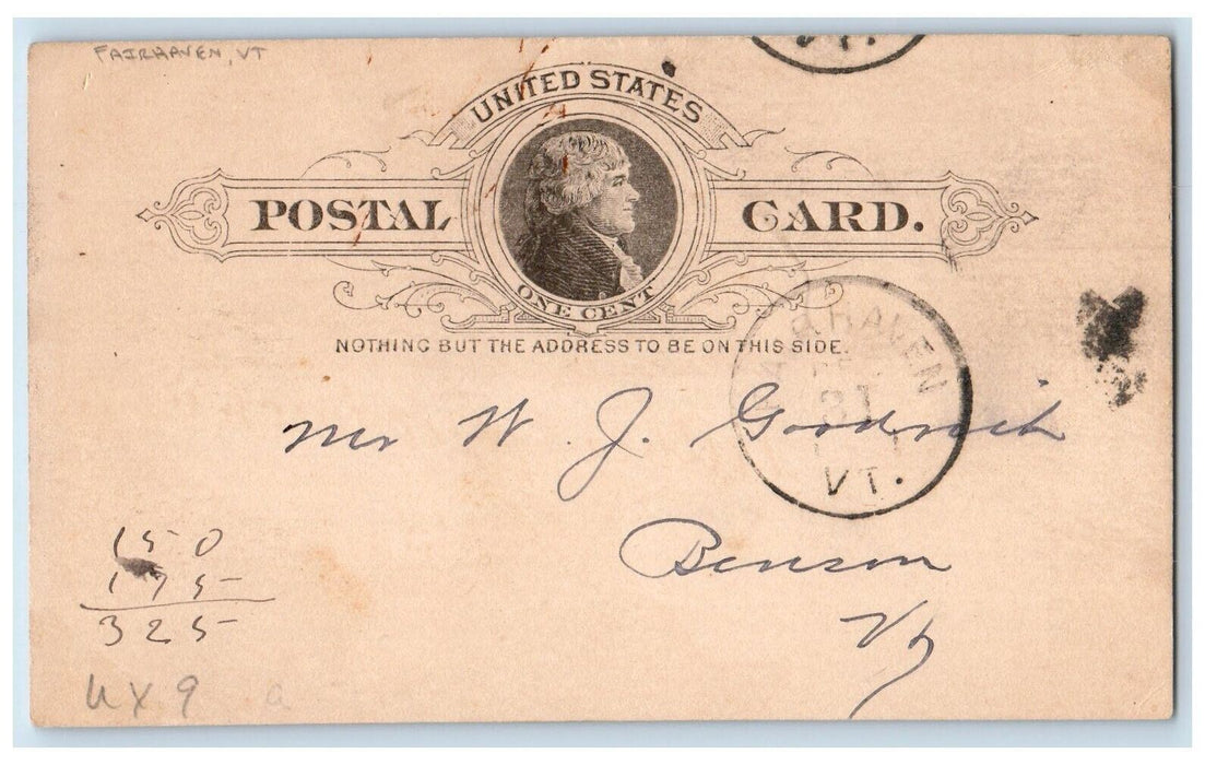c1880's Mr. NJ Goodrich Benson Vermont VT Fairhaven VT Antique Postal Card