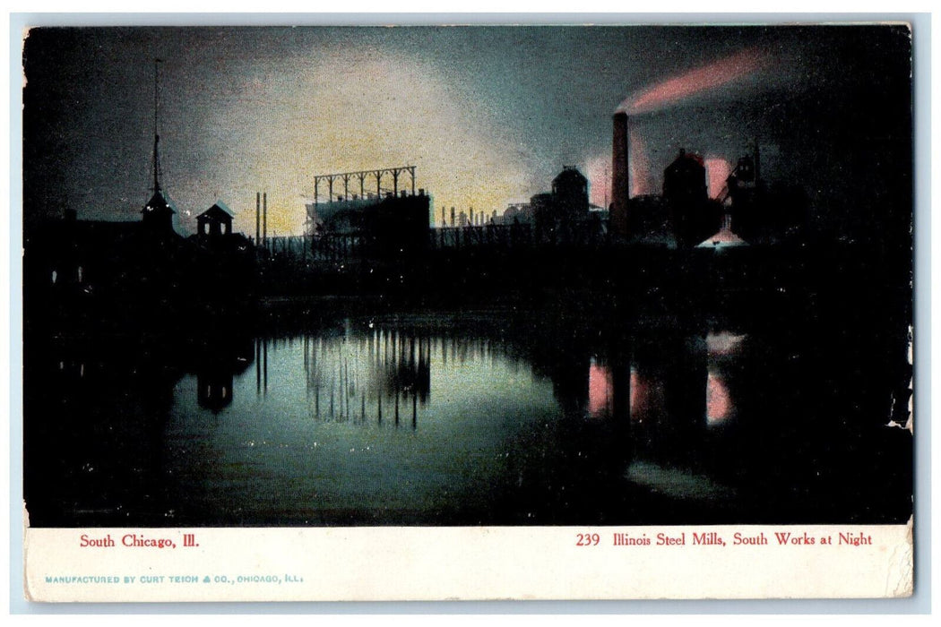 1909 Illinois Steel Mills South Works At Night Chicago IL Antique Postcard