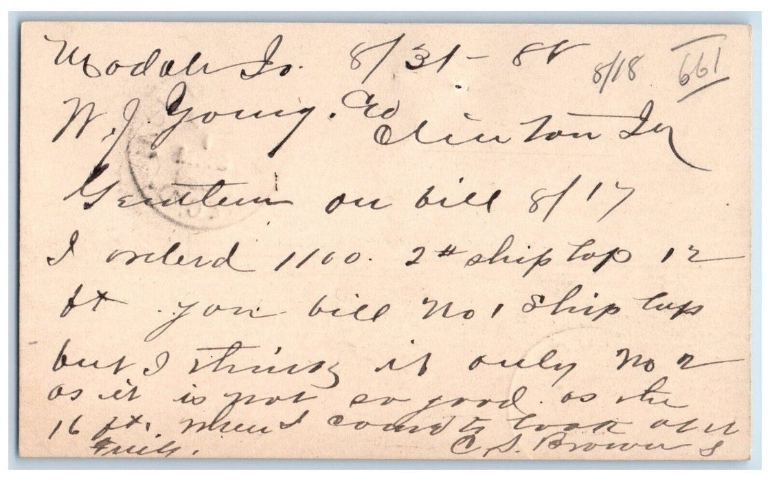 1888 CS Browns WJ Young and Co. Modale Iowa IA Clinton IA Postal Card