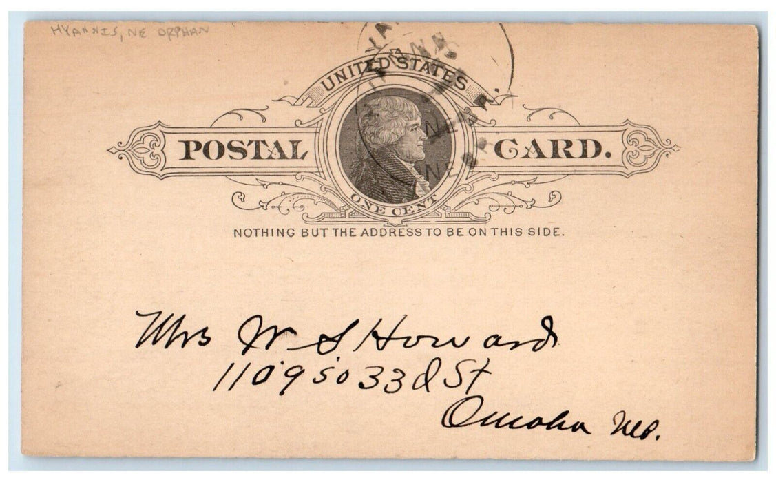 c1880's Orphan Message WS Howard Hyannis Nebraska NE Antique Postal Card
