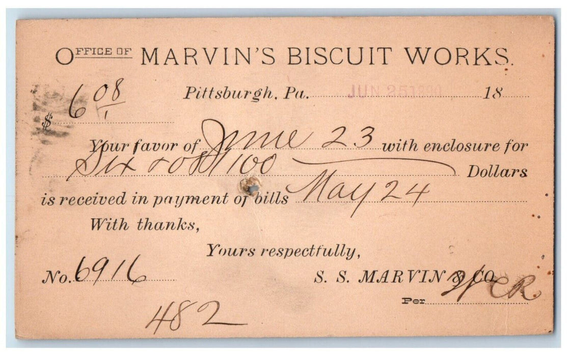 1890 Marvin's Biscuit Works Pittsburgh Pennsylvania PA Antique Postal Card