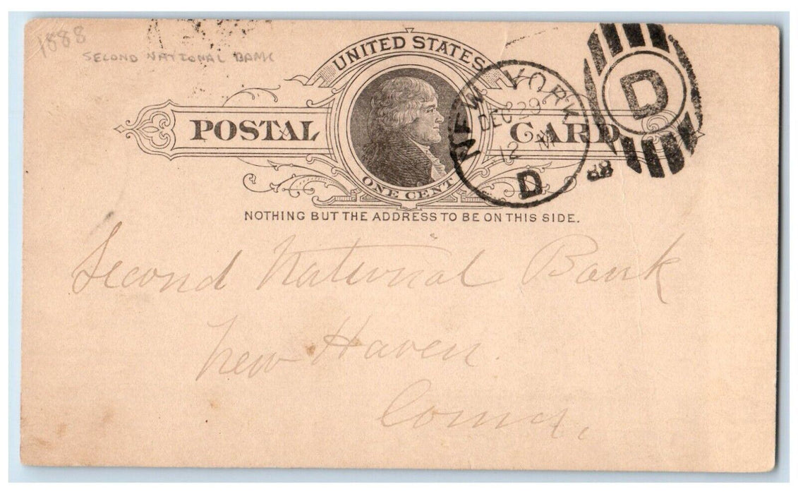 1888 Second National Bank Mrs. Amanda Hubbard New York City NY Postal Card