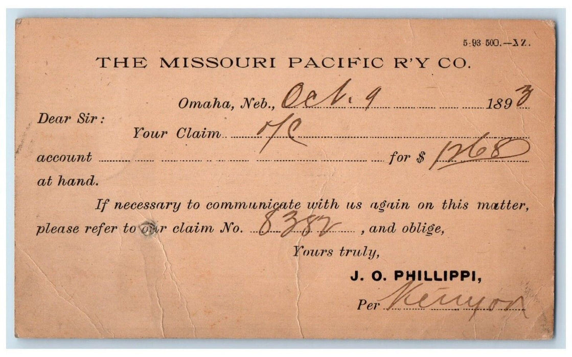 1893 The Missouri Pacific Railway Co. Omaha Nebraska NE Antique Postal Card