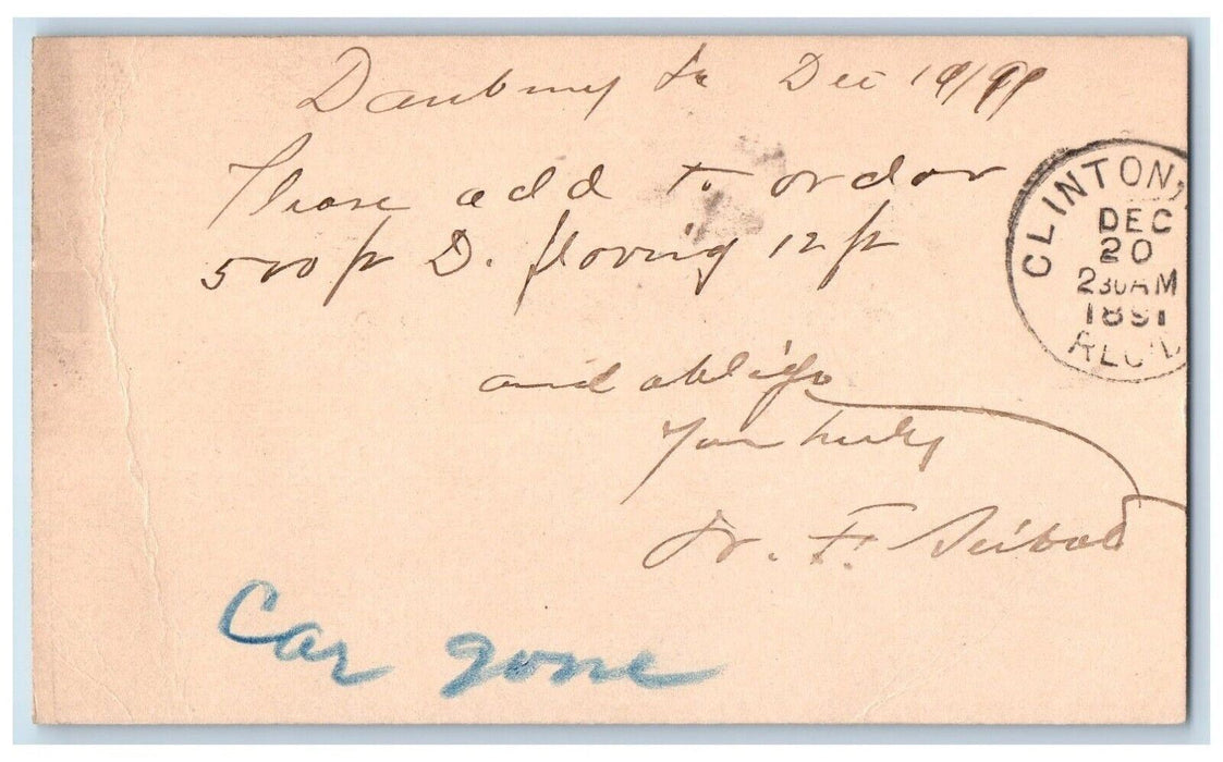 1891 Lumber Order Clinton Iowa IA Danbury Iowa IA Antique Posted Postal Card