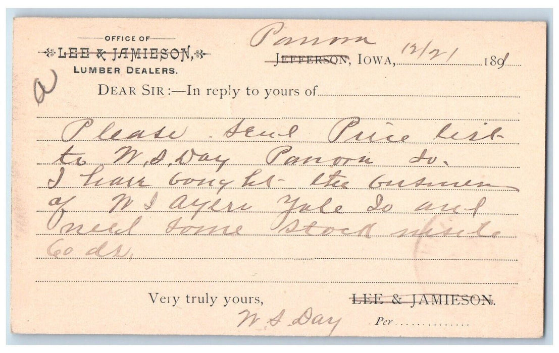 1891 Lee & Jamieson Lumber Dealers Panora Iowa IA Clinton IA Posted Postal Card