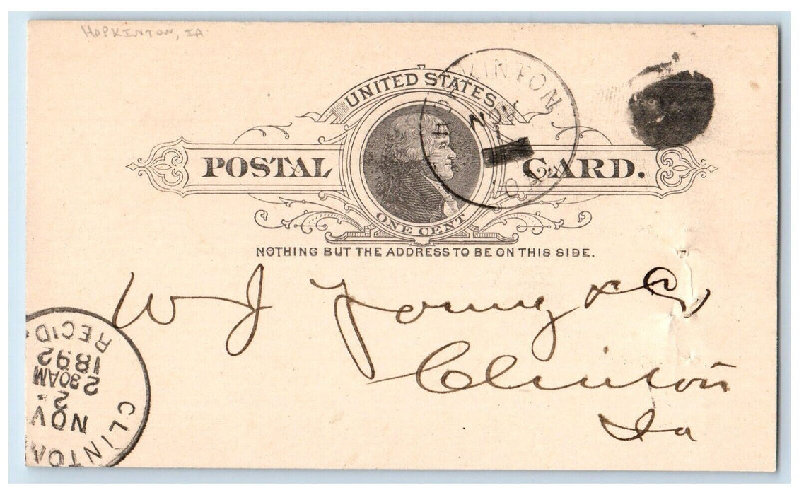 1892 Lumber Order WJ Young & Co. Hopkinton IA Clinton IA Posted Postal Card
