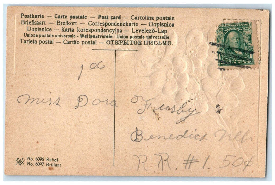 1910 Greetings From Strausburg Flower Glitter Embossed Nebraska Vintage Postcard