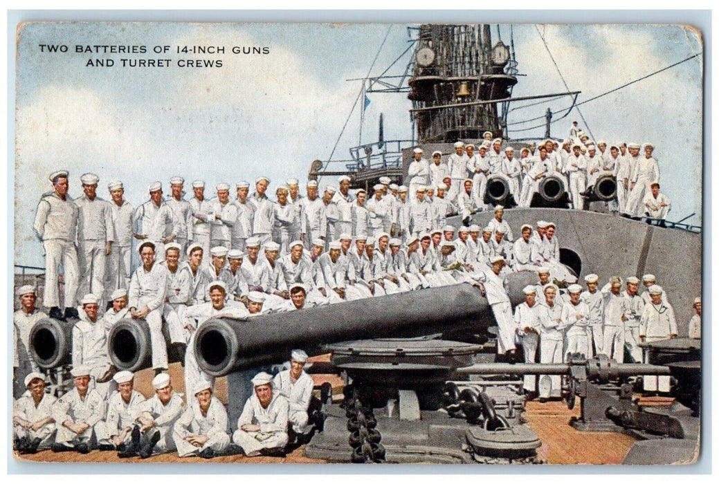 c1910 Two Batteries 14-Inch Guns Turret Crews Navy World War Battleship Postcard
