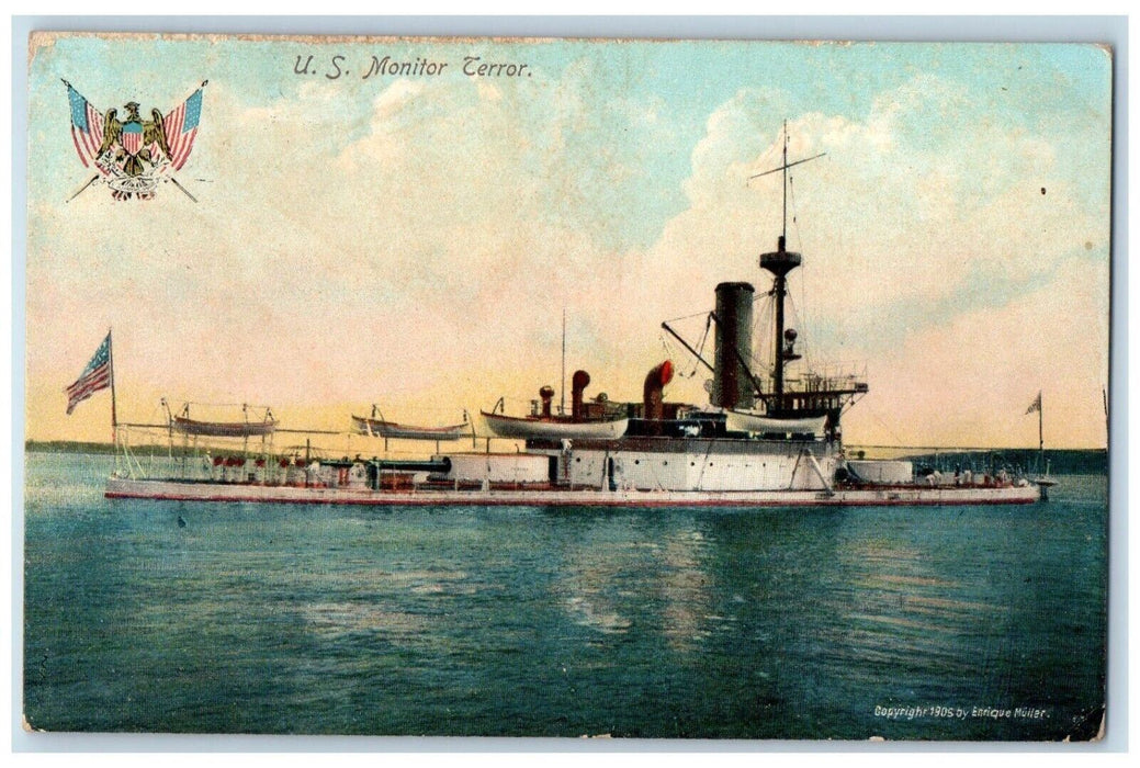 1907 U.S. Monitor Terror Steamer World War Navy Battleship Buff Pitts Postcard