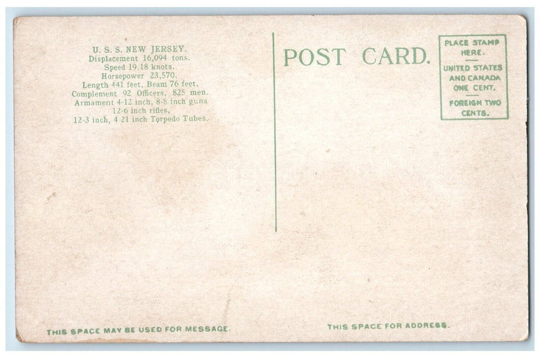 c1910 Displacement World War Navy Battleship Torpedo U.S.S. New Jersey Postcard