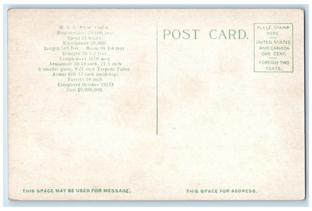 c1910 U.S.S. New York Displacement Navy Battleship World War Torpedo NY Postcard
