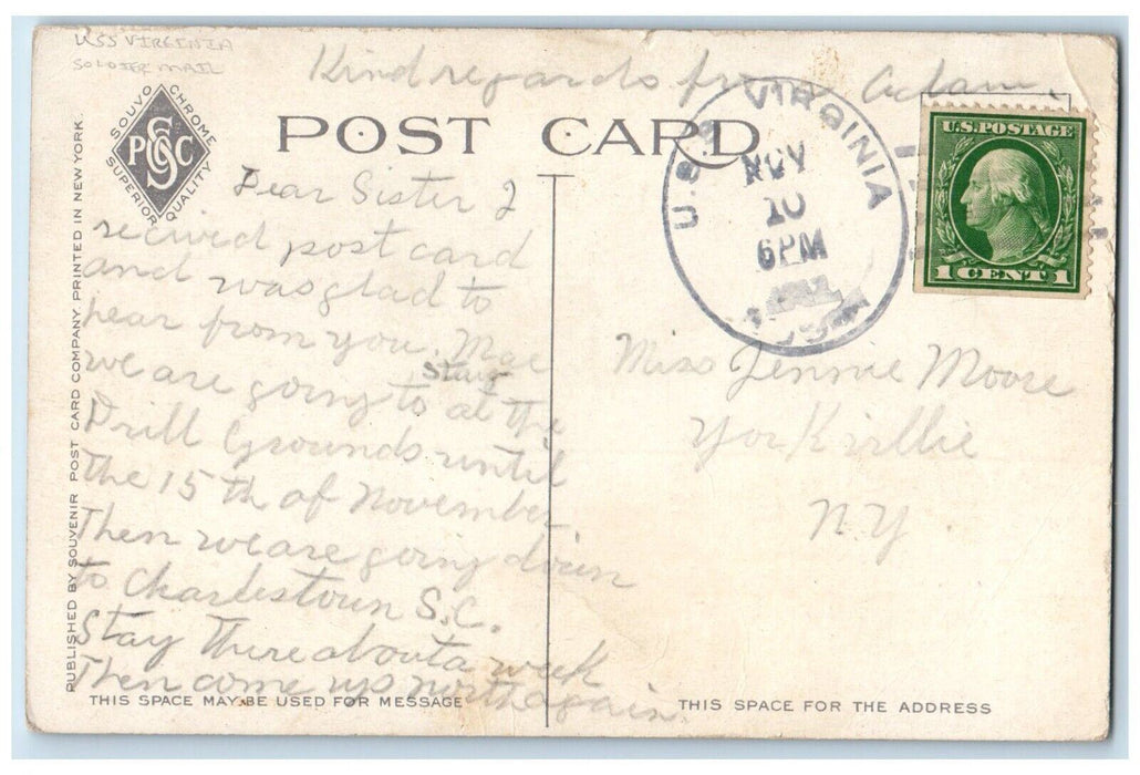 1911 U.S.S. Idaho Virginia Soldier Mail Steamer Battleship World War VA Postcard