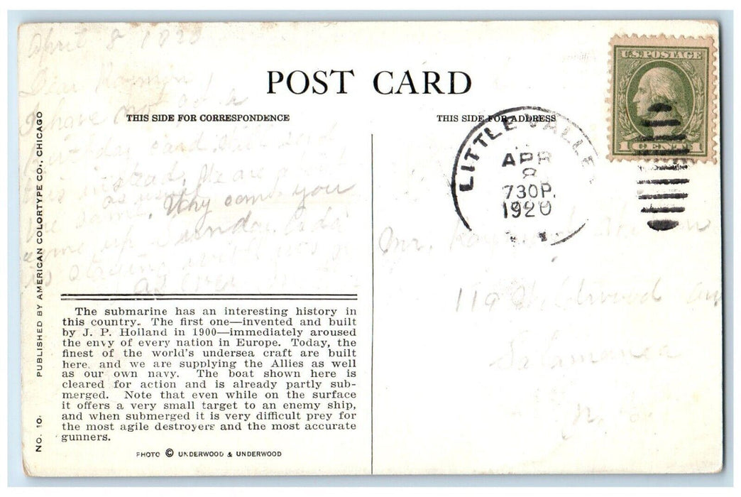 1920 Underseas Boat Submerge Submarine J.P. Holland World War Valley Postcard