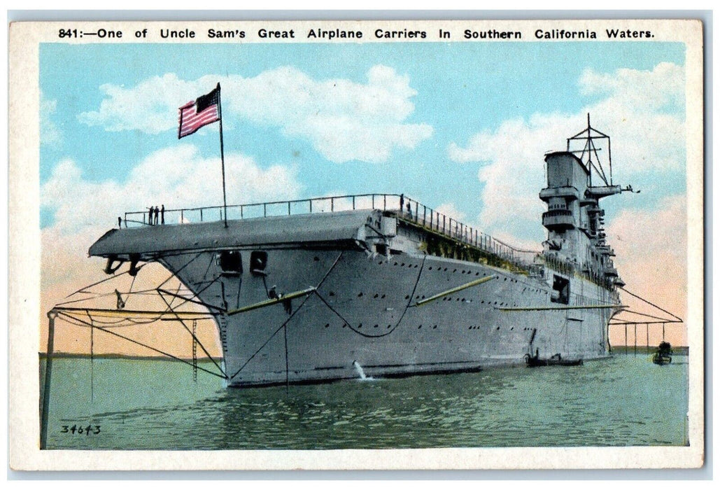 c1920 One Uncle Sam's Great Airplane Carriers Southern California Water Postcard