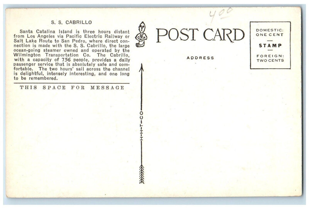 c1910 Steamer Ship Cabrillo Navy Santa Catalina Los Angeles California Postcard