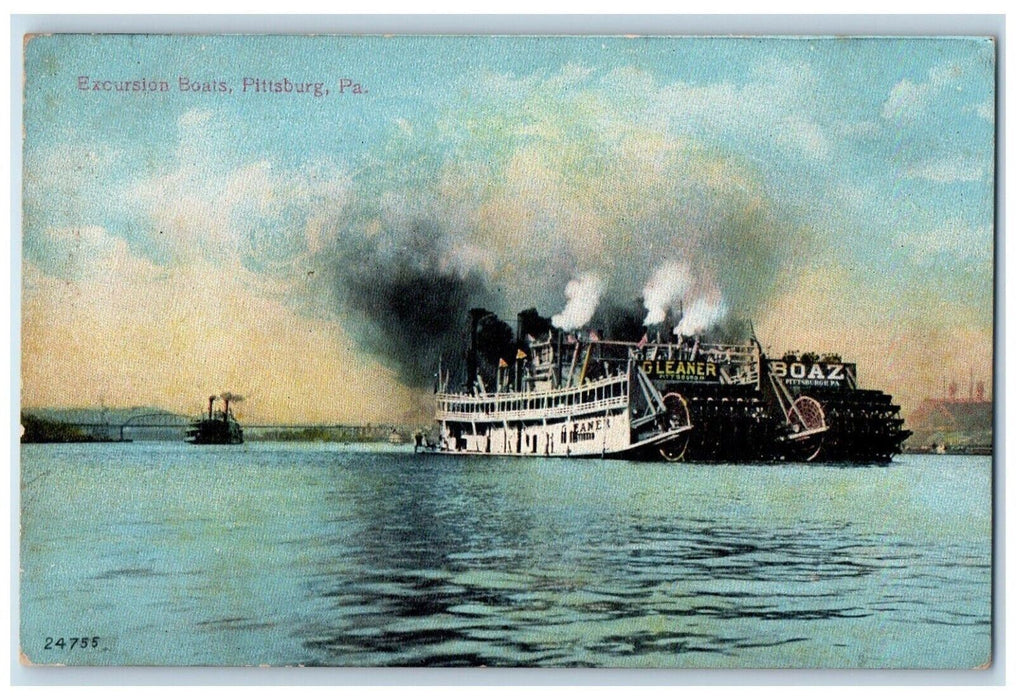 c1910 Excursion Boats Gleaner Boaz Steamer Ship Pittsburg Pennsylvania Postcard