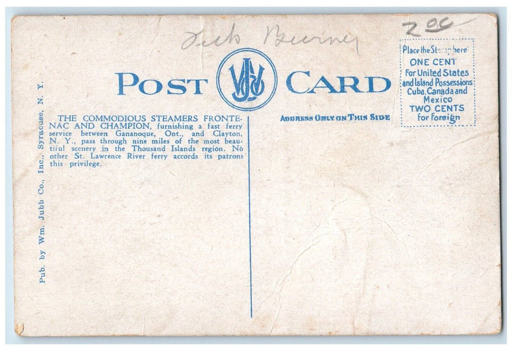 c1920 Steel Steamer Champion Frontenac Fast Ferry Clayton New York NY Postcard