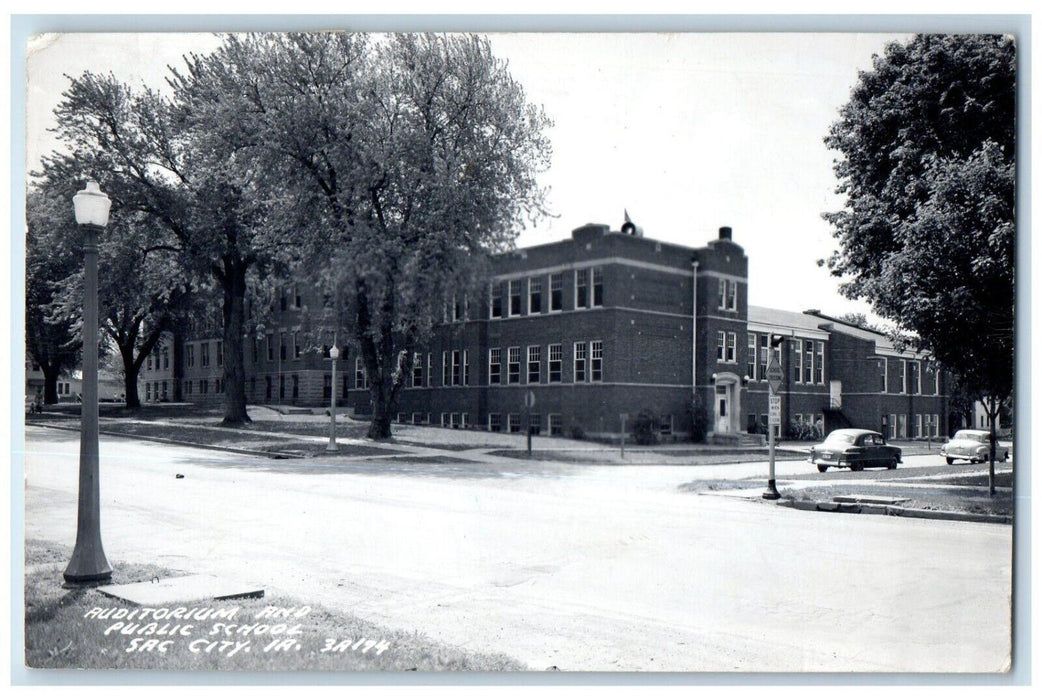 1953 Auditorium And Public School Building Cars Sac City IA RPPC Photo Postcard
