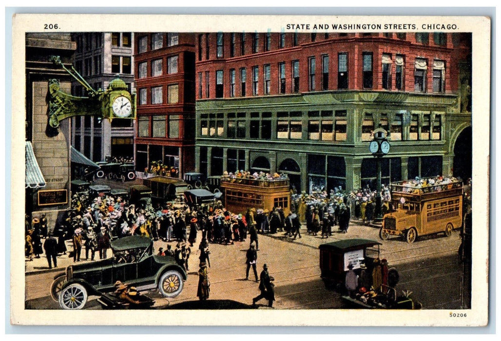 Crowded Scene At State & Washington Street Chicago Illinois IL Vintage Postcard