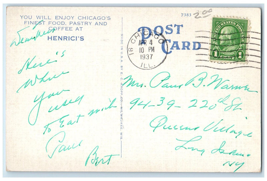 1937 Henrici's West Randolph Street Chicago's Most Famous Restaurant IL Postcard