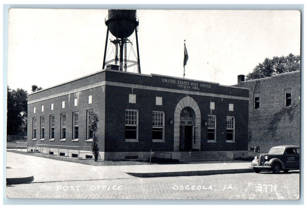 1957 Unites State Post Office Osceola Iowa IA, Water Tower RPPC Photo Postcard