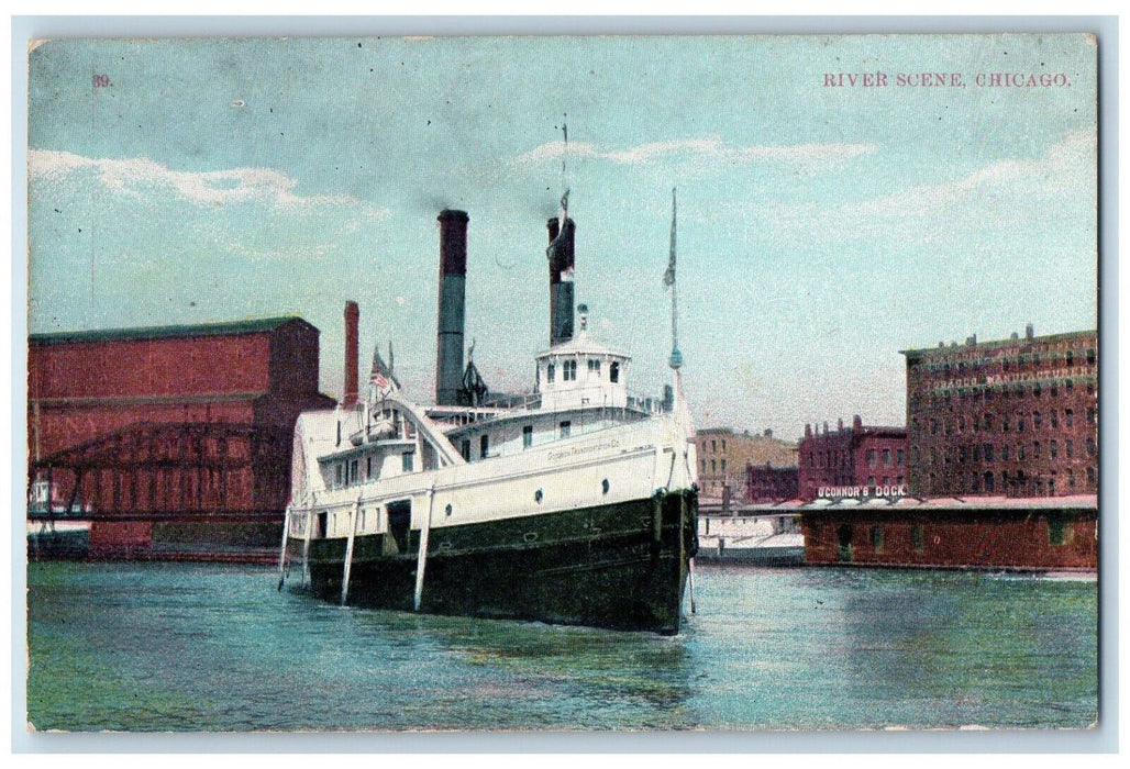 View Of Steamer Ship River Scene Chicago Illinois IL Antique Posted Postcard