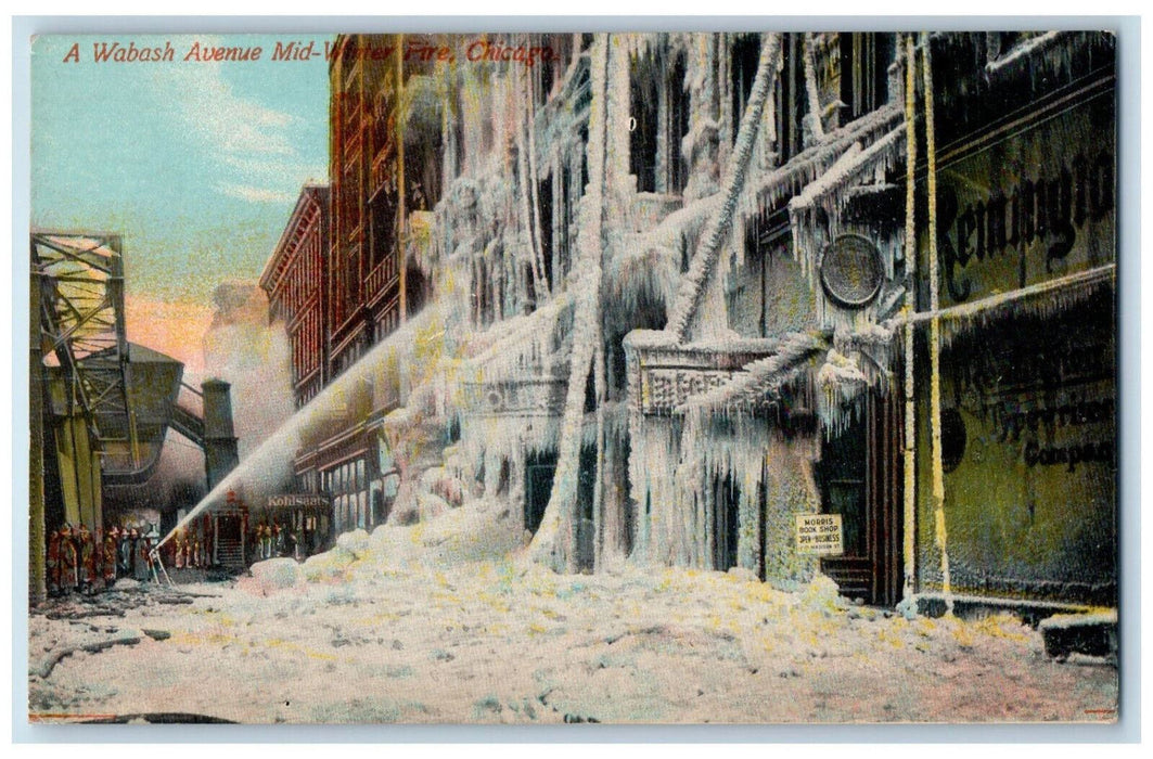 A Wabash Avenue Mid-Winter Fire  Snow Scene Chicago Illinois IL Vintage Postcard