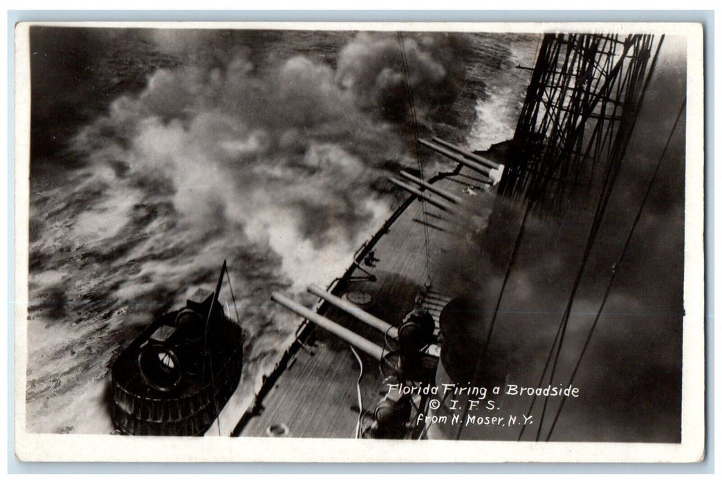 c1910's USS Florida Firing Broadside IFS Moser NY Navy Ship RPPC Photo Postcard