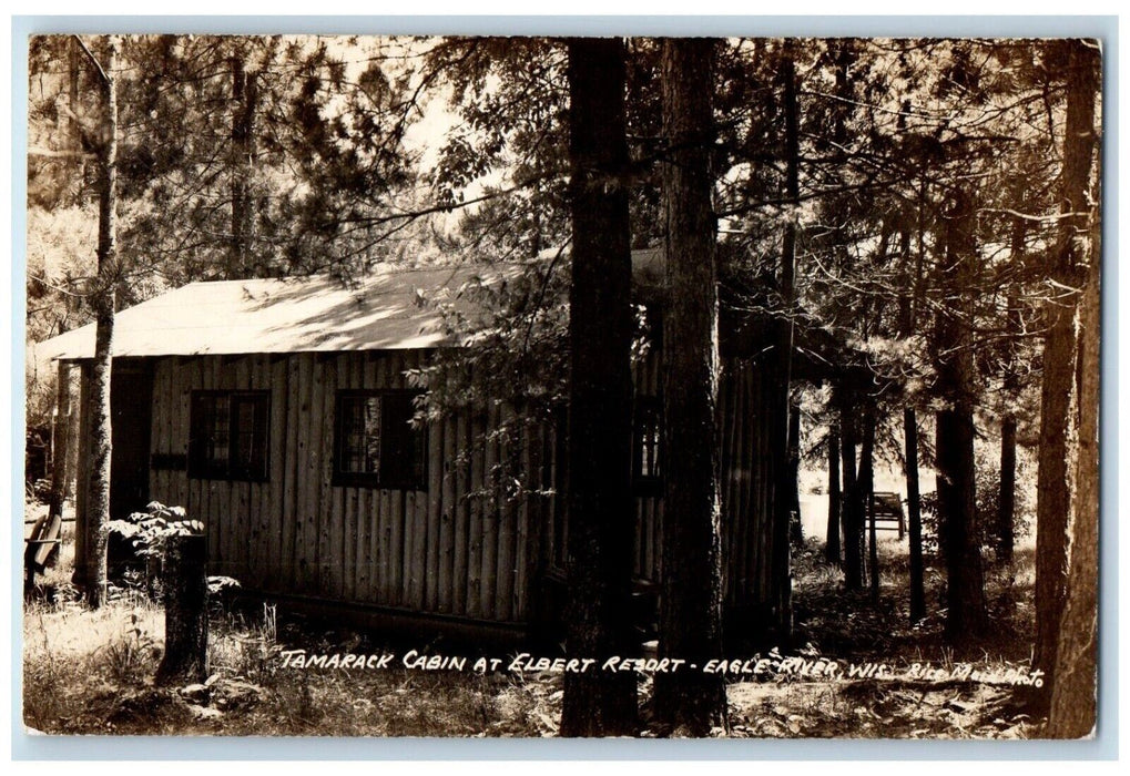 1945 Tamarack Cabin Elbert Resort Rice Maid Eagle River WI RPPC Photo Postcard
