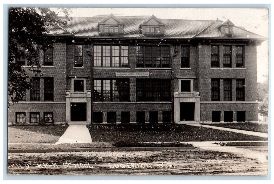 1929 Child High School Building Edgerton Wisconsin WI RPPC Photo Postcard