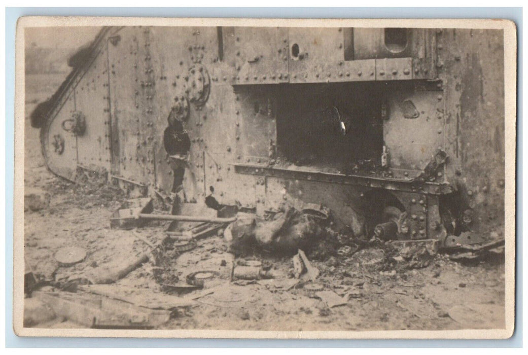 1917 WWI Soldier Crushed Under Tank War Death France RPPC Photo Postcard