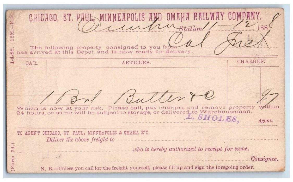 1888 Chicago St. Paul Minneapolis and Omaha Railway Company Postal Card