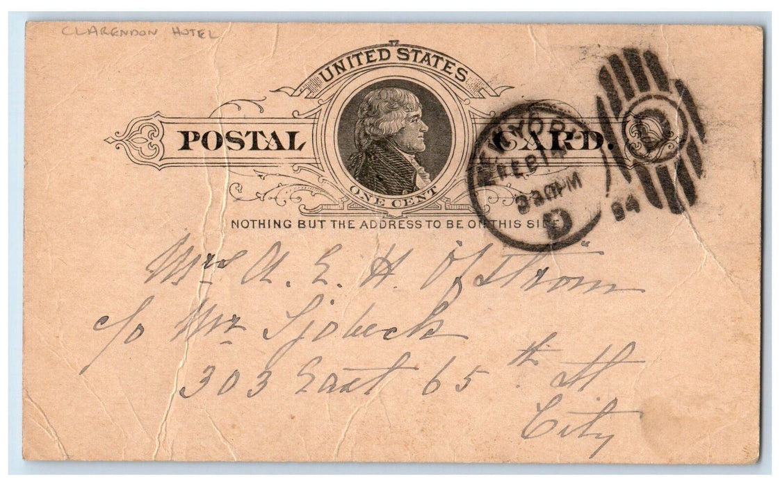 1884 Clarendon Hotel Mrs. Peters Letter New York City NY Postal Card