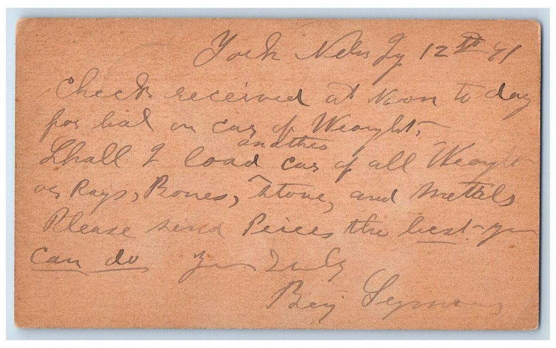 1891 Car of Bones Stone Rays Metals York Nebraska NE Omaha NE Postal Card