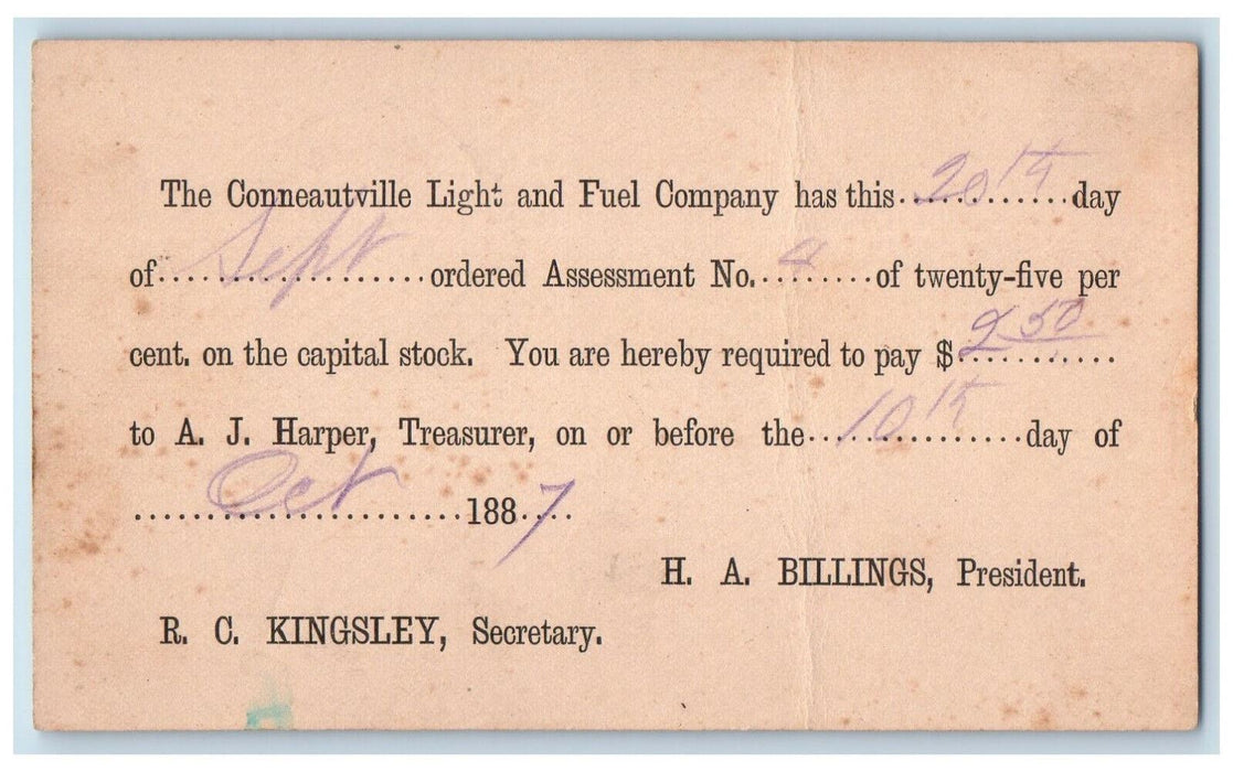 1887 The Conneautville Light and Fuel Company Pay Requirement PA Postal Card