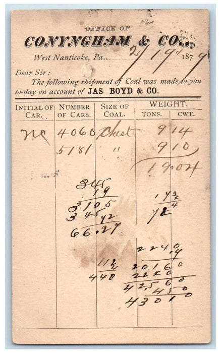 1879 Office of Conyngham & Co. West Nanticoke Pennsylvania PA Postal Card