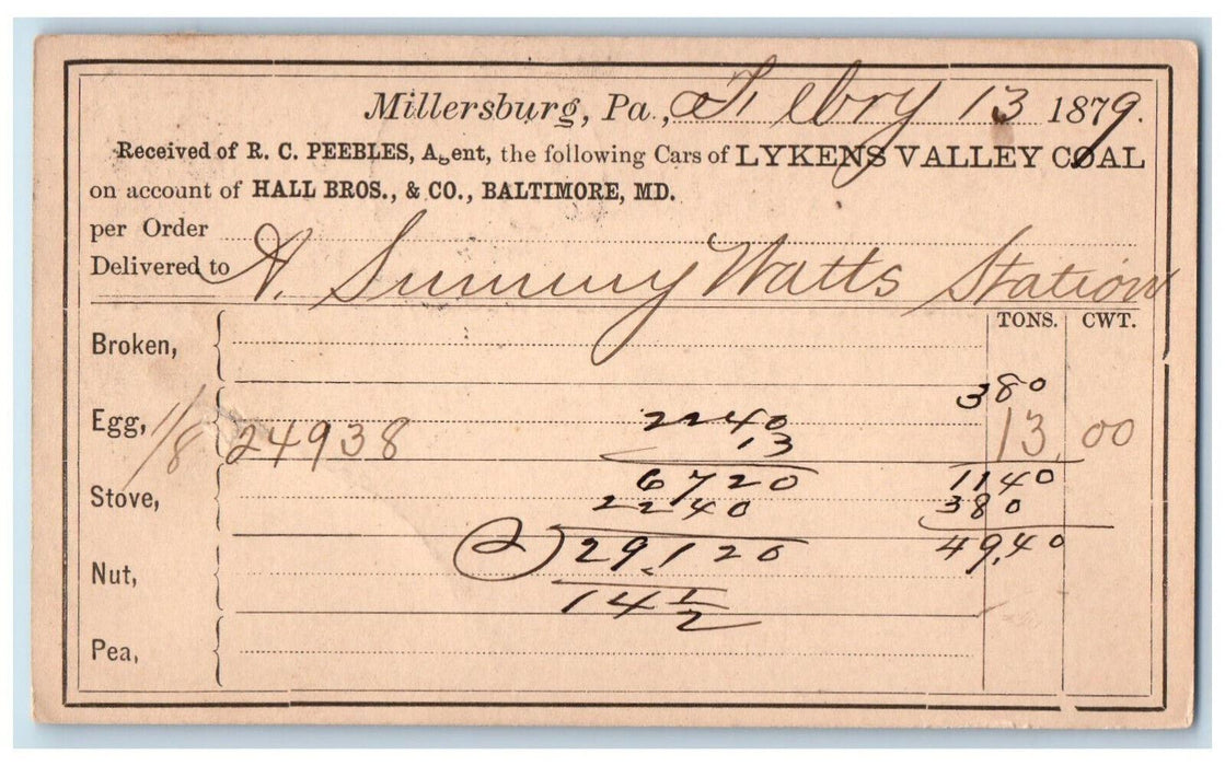 1879 Received of RC Pebbles Agent Lykens Vally Coal Millersburg PA Postal Card