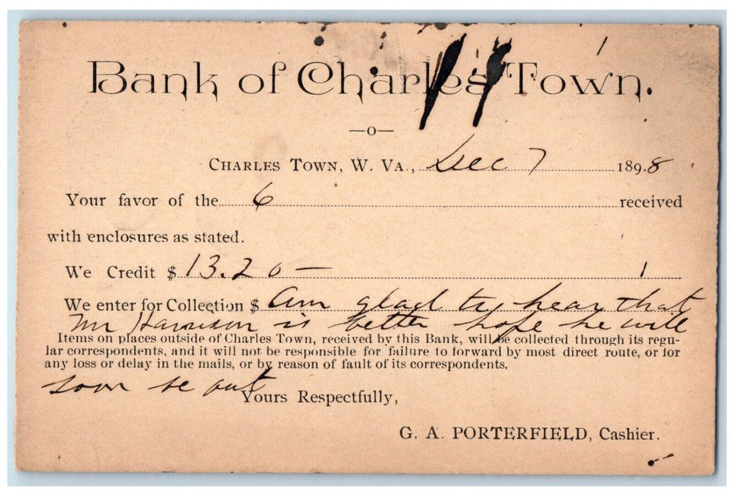 1898 $13.20 Credited Bank of Charles Town West Virginia WV Postal Card