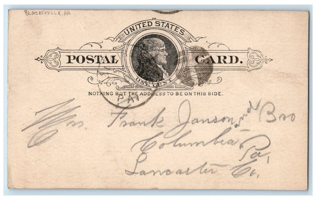 1888 Return Mail Message Blairsville PA Lancaster Columbia PA Postal Card