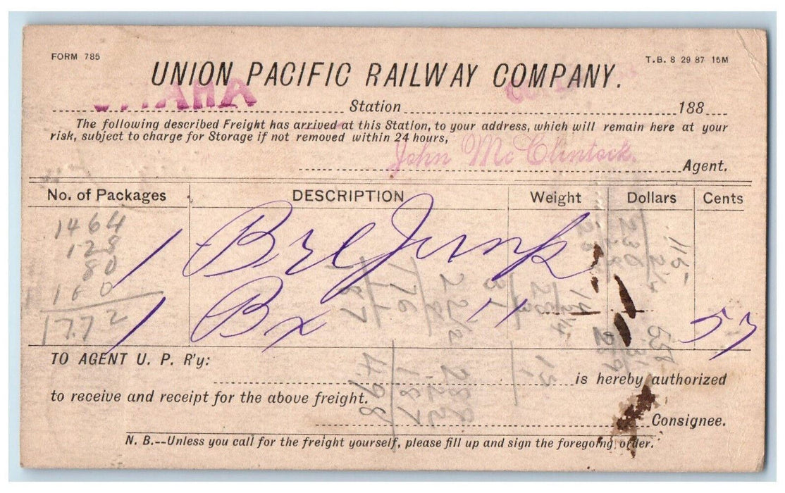 1888 Union Pacific Railway Company WS Howard Omaha Nebraska NE Postal Card