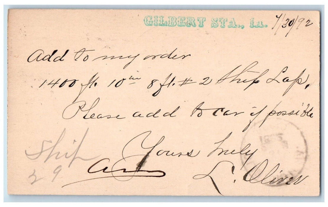 1892 Add to Car Lumber Gilbert Station Iowa IA Clinton Iowa IA Postal Card