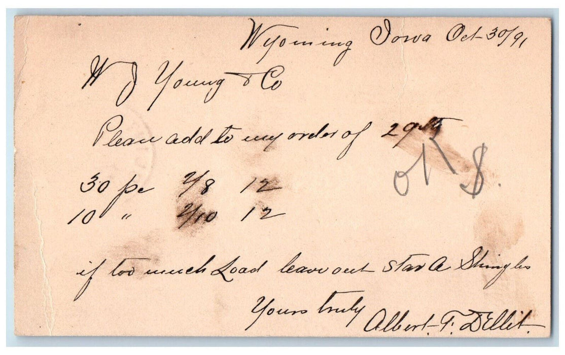 1891 WJ Young & Co. Lumber Clinton IA Wyoming Iowa IA Antique Postal Card