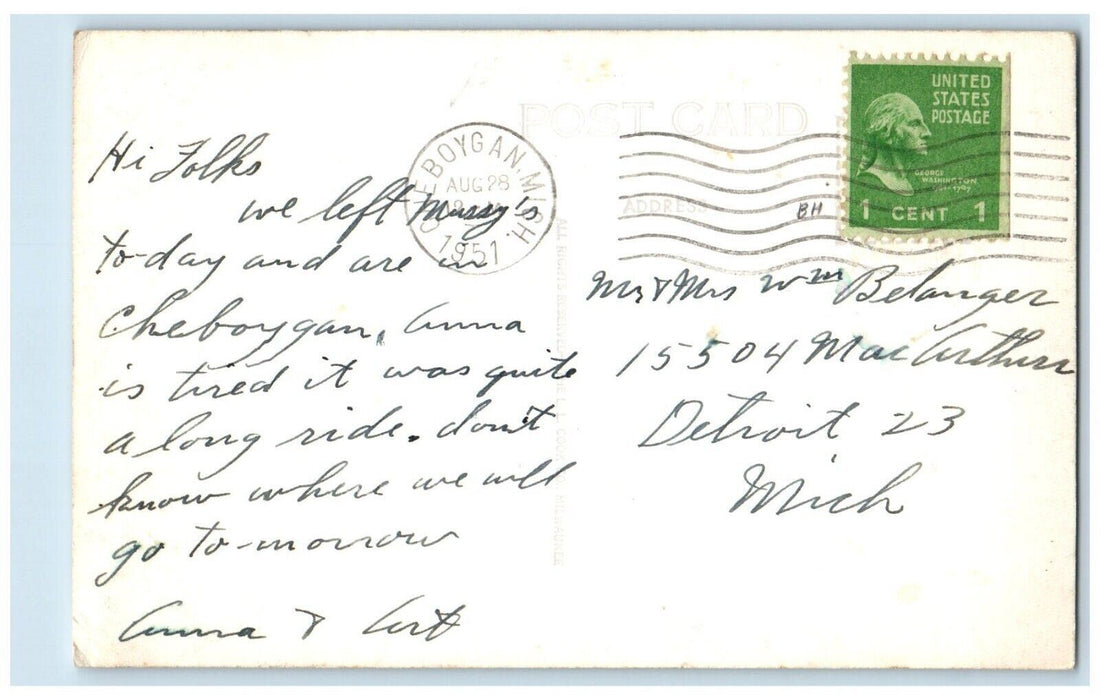 1951 Greetings From Cheboygan MI, Bear In The Northwoods RPPC Photo Postcard