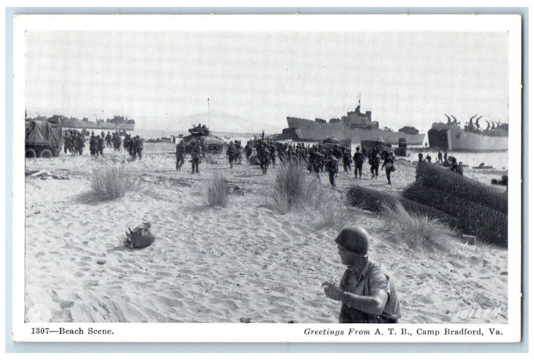 c1950's Beach Scene Greetings from A.T.B. Camp Bradford Virginia VA WW2 Postcard