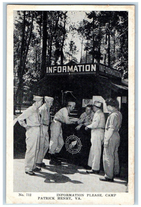 c1950's Information Please Camp Patrick Henry V Antique Posted WW2 Postcard