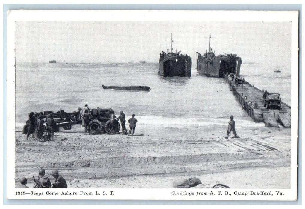c1940's Jeeps Come Ashore Greetings from ATB Camp Bradford VA WW2 Postcard