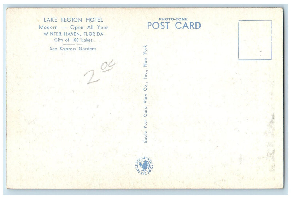 c1920's Lake Region Hotel Winter Haven Florida FL Near Bok Tower Postcard