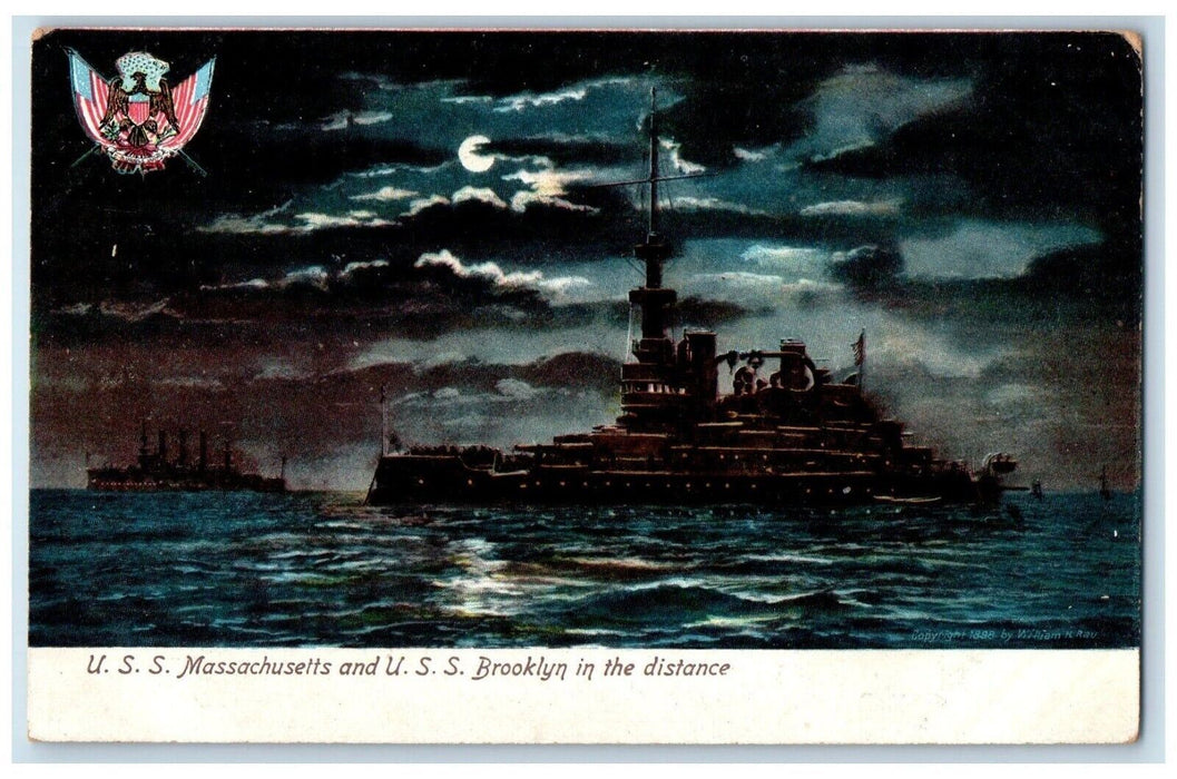 c1905 USS Massachusetts & USS Brooklyn Distance Moonlight Vintage Eagle Postcard